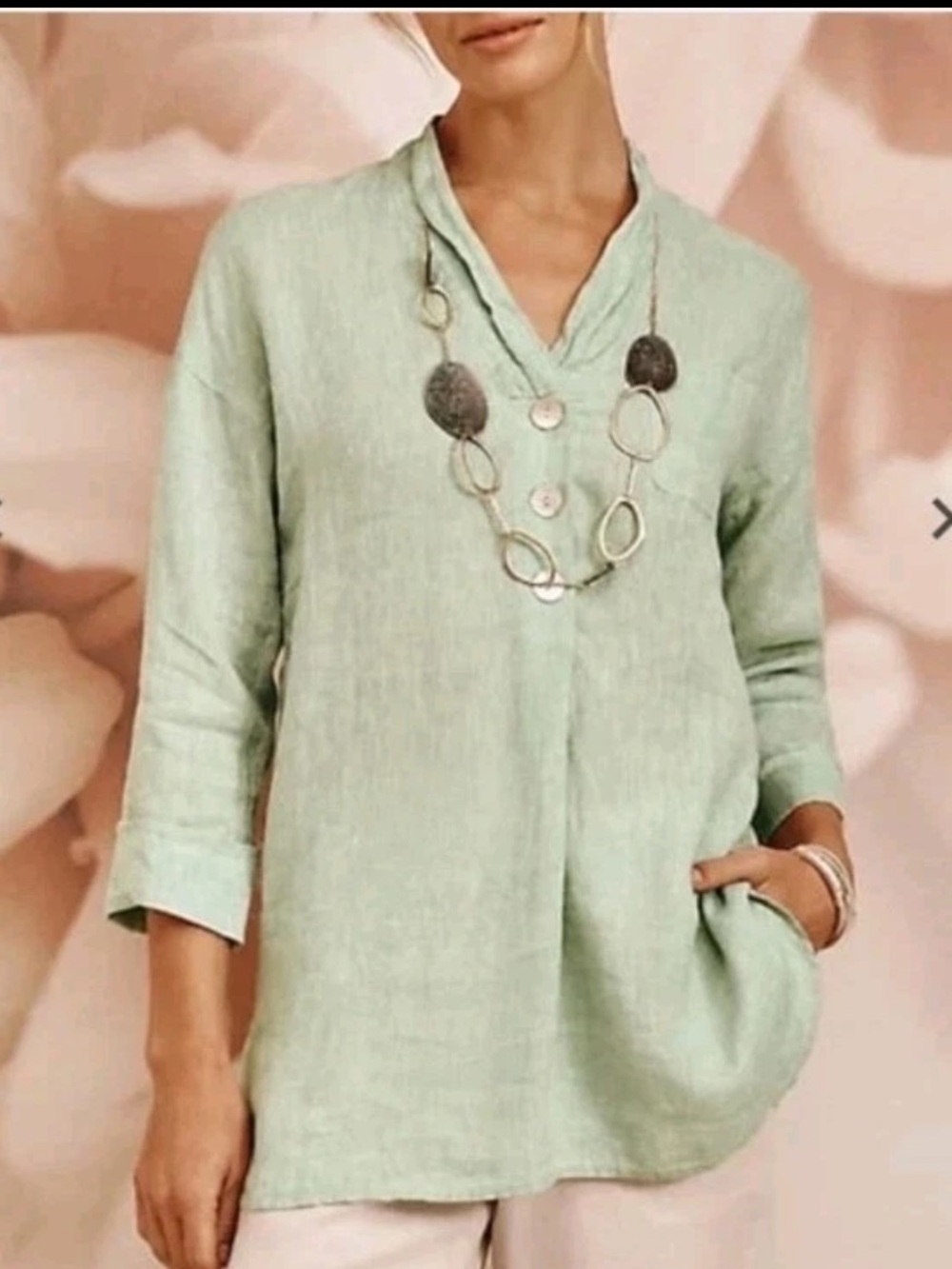 J. Jill Sage Green Linen V-Neck Shell Button Tunic Blouse LaganLook